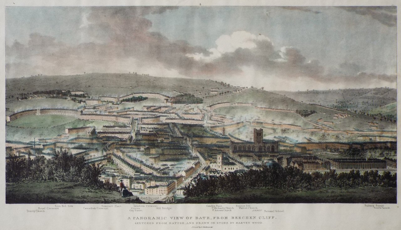 Lithograph - A Panoramic View of Bath, from Beechen Cliff, sketched from nature, and drawn on stone by Harvey Wood. - Wood